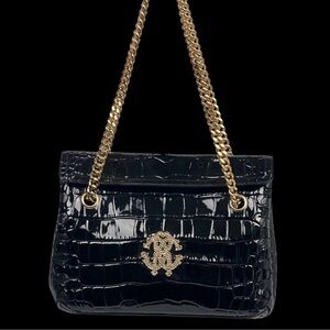 Roberto Cavalli Black Croc-Embossed Patent Shoulder Bag with Gold Chain
